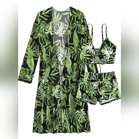 Tummy Control Swimwear, Tropical Print 3-pices Bikini Set in Green Size XL UK 16 - Picture 2 of 5